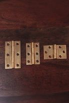 Three aged brass hinges — butt hinge 2.5 inch, butt hinge 2 inch and backflap hinge