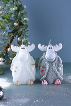 Frosted Reindeer Hand-Finished Wax Candle Figures in White or Grey — close-up view, G Decor