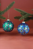 Hand-Painted Peacock Tail Glass Christmas Bauble in Emerald or Royal Blue — G Decor
