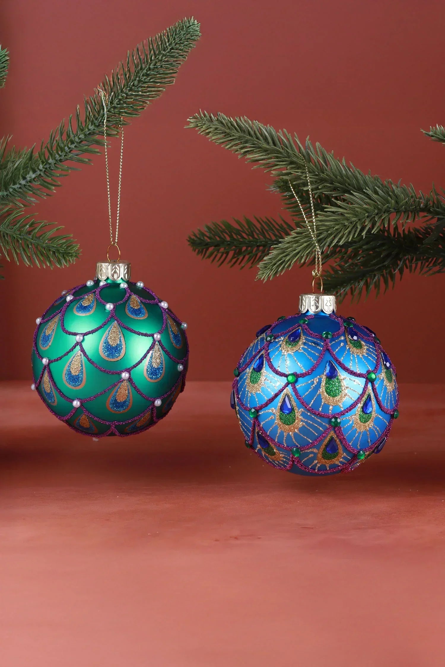 Hand-Painted Peacock Tail Glass Christmas Bauble in Emerald or Royal Blue — G Decor