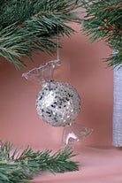 Silver Confetti Hand-Finished Glass Candy Christmas Bauble — close-up view, G Decor