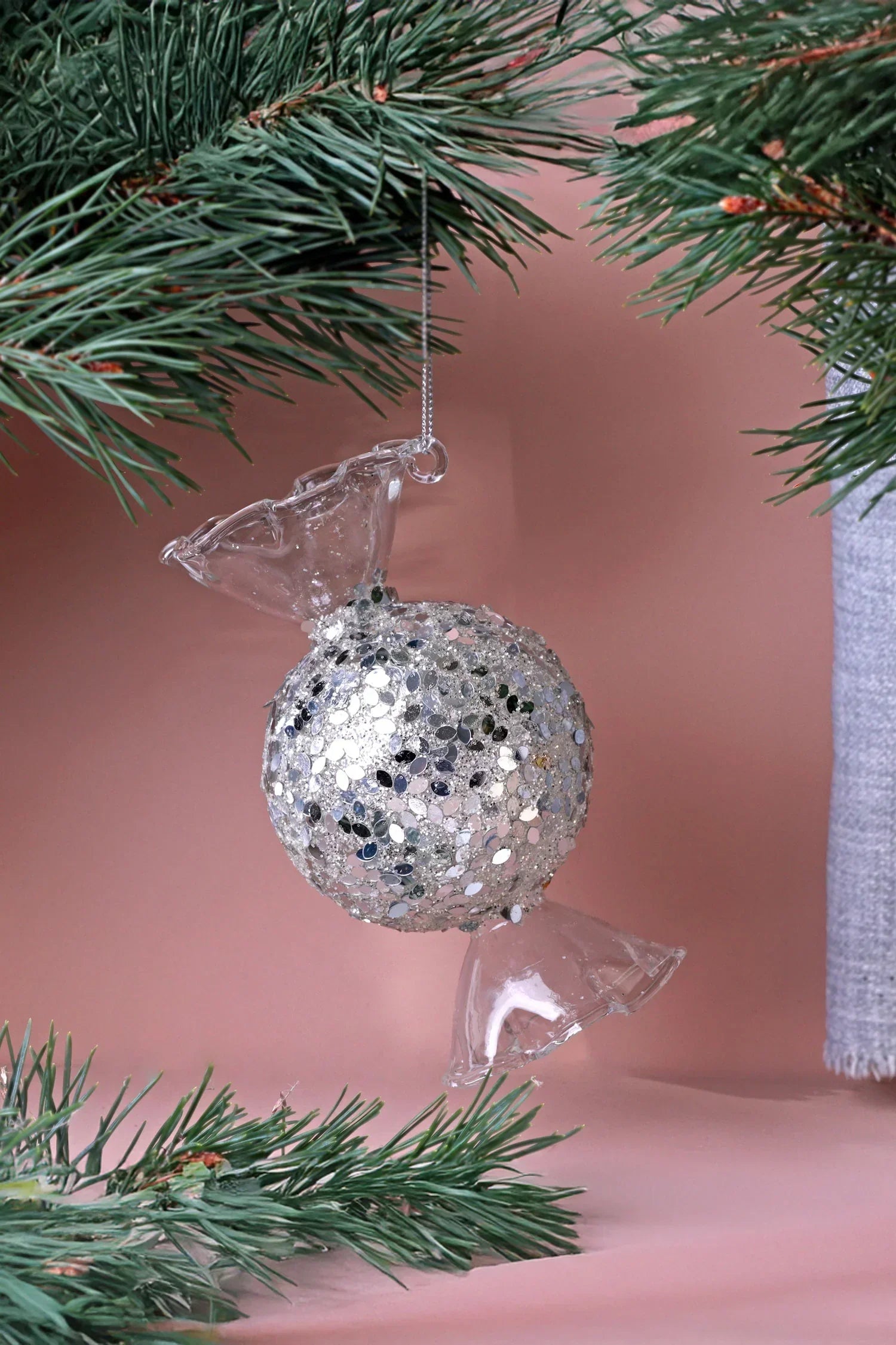 Silver Confetti Hand-Finished Glass Candy Christmas Bauble — close-up view, G Decor