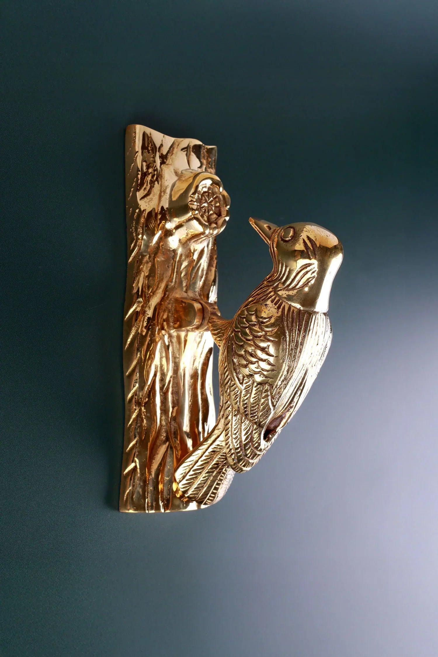 Woodpecker Polished Brass Door Knocker — lifestyle view, G Decor