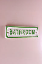 Rustic Ceramic Bathroom Door Plaque with Green Cottage Border — close-up view, G Decor