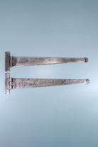 24″ Pair of Hand-Forged Coinbase T Hinges in Pewter Finish — close-up view, G Decor