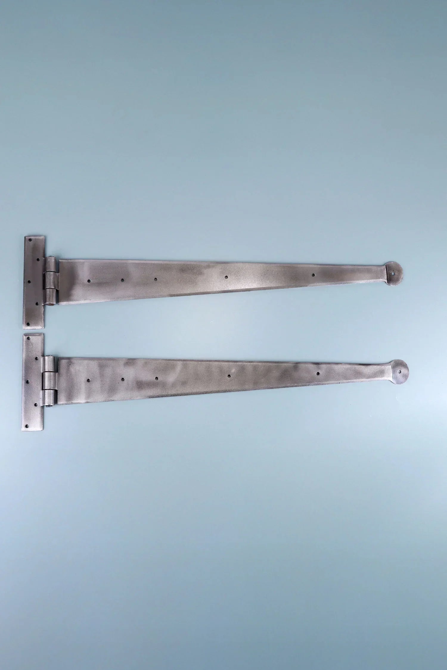 24″ Pair of Hand-Forged Coinbase T Hinges in Pewter Finish — close-up view, G Decor