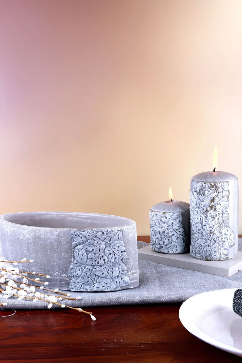 Cavella Carved Leaf Hand-Finished Grey Pillar Candle Centrepiece