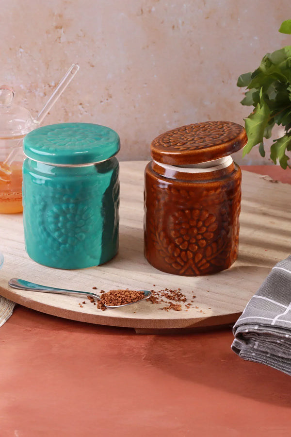Embossed Bloom Handmade Ceramic Storage Jars with Floral Lids