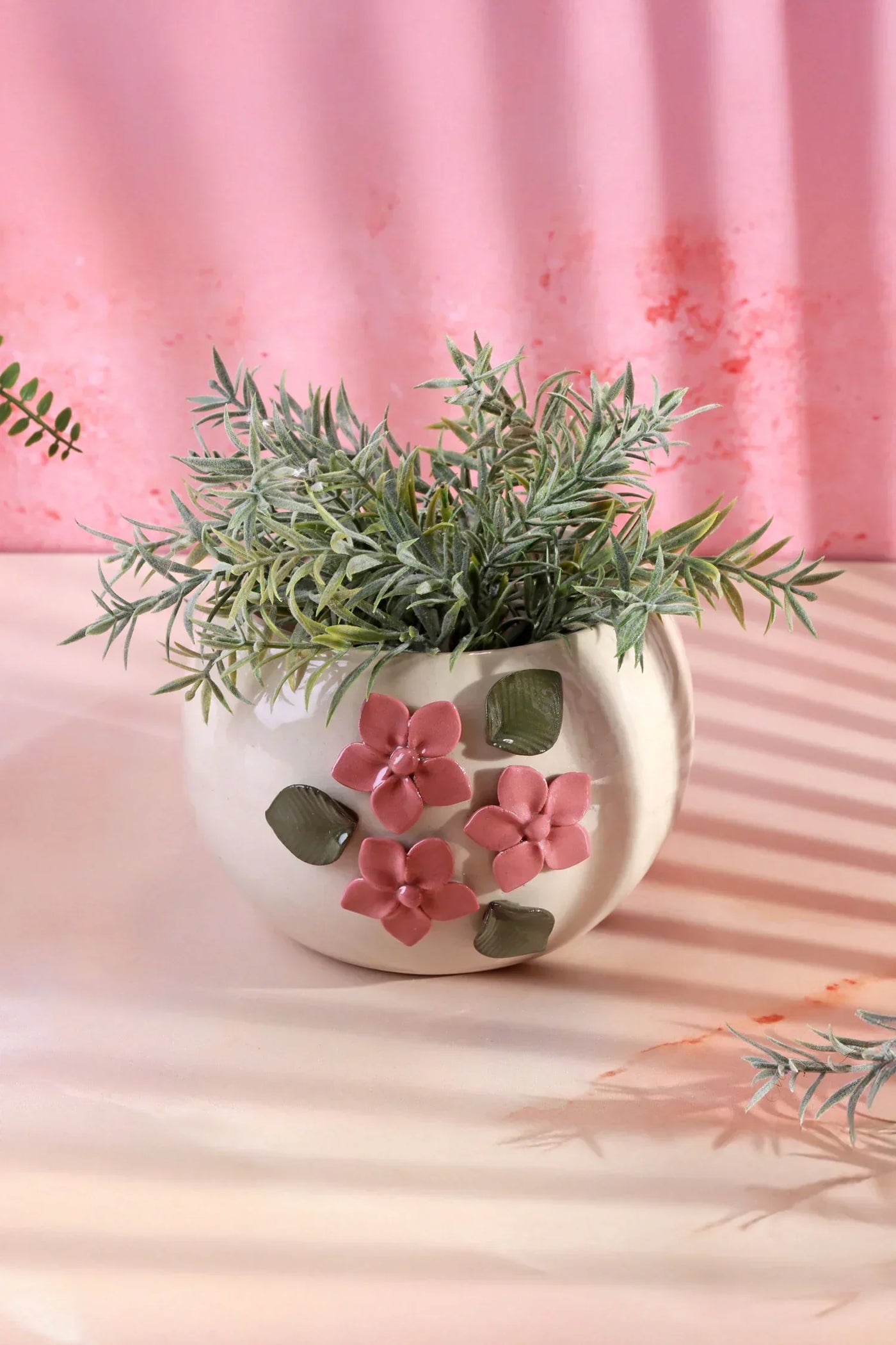 Floral Line Handcrafted Ceramic Planter with 3D Pink Flowers