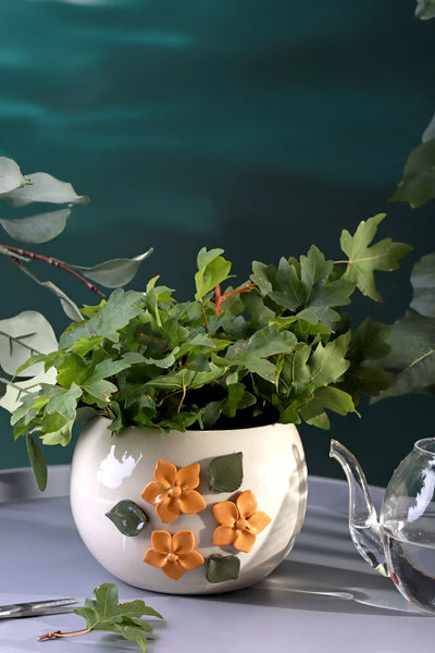 Floral Line Handcrafted Ceramic Planter with 3D Sand Yellow Flowers