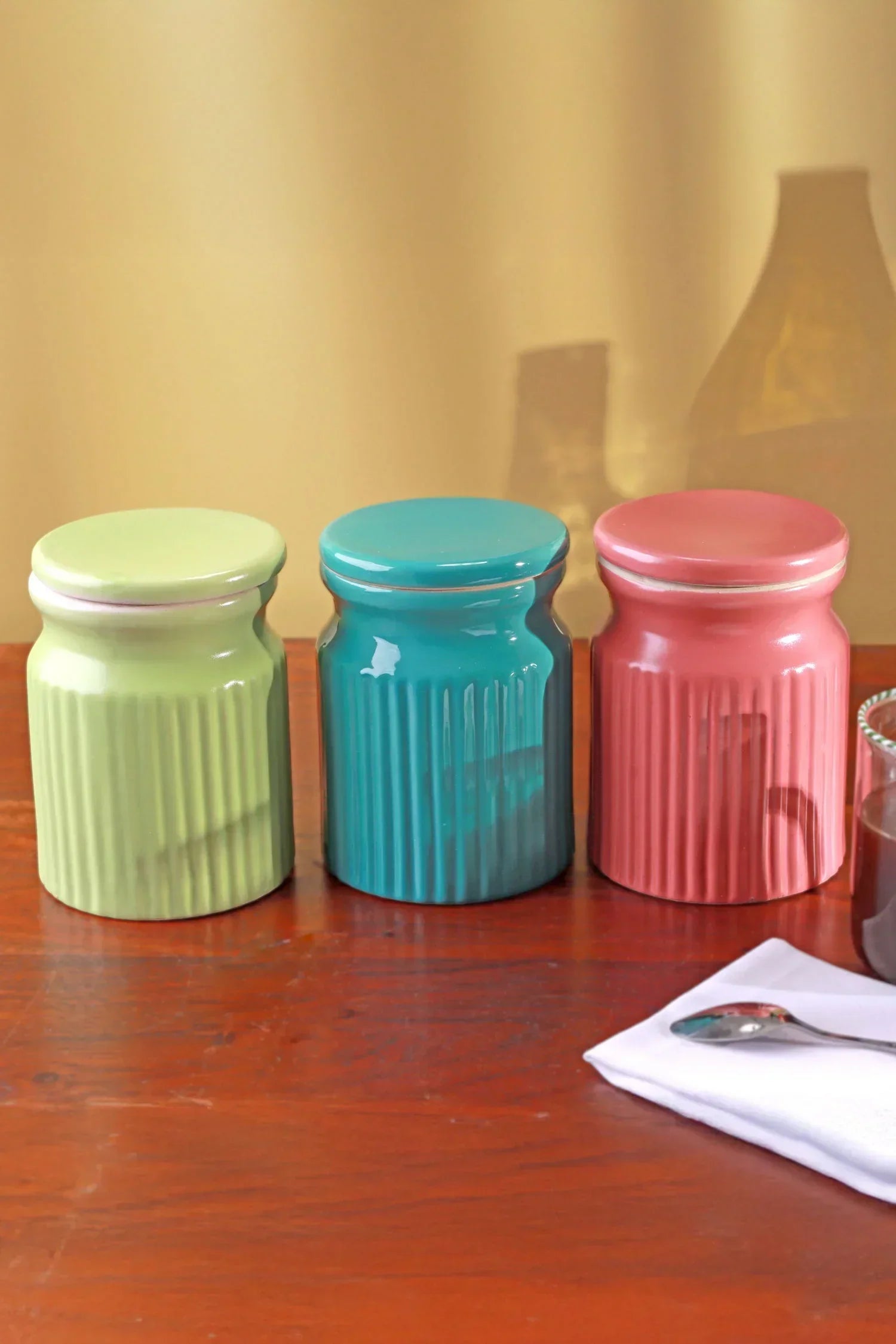 Soft Pastel Handcrafted Ceramic Ribbed Storage Jars — alternate view, G Decor