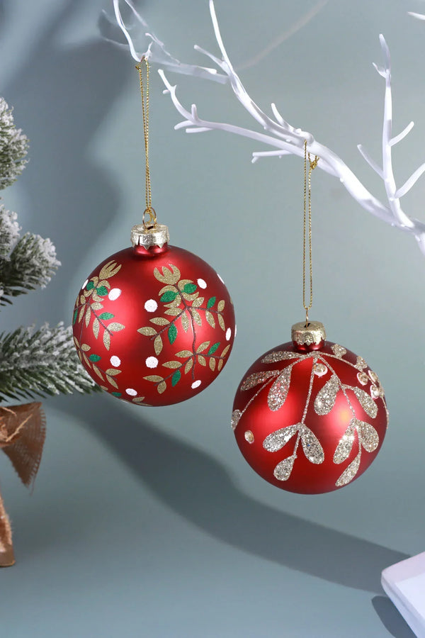 Holiday Red Hand-Painted Glass Baubles — Glitter Leaf & Jewel