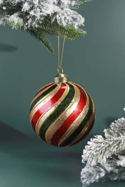 Hand-Painted Twist Glass Christmas Bauble — Red, Green & Gold