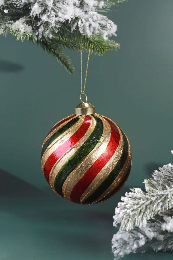Hand-Painted Twist Glass Christmas Bauble — Red, Green & Gold