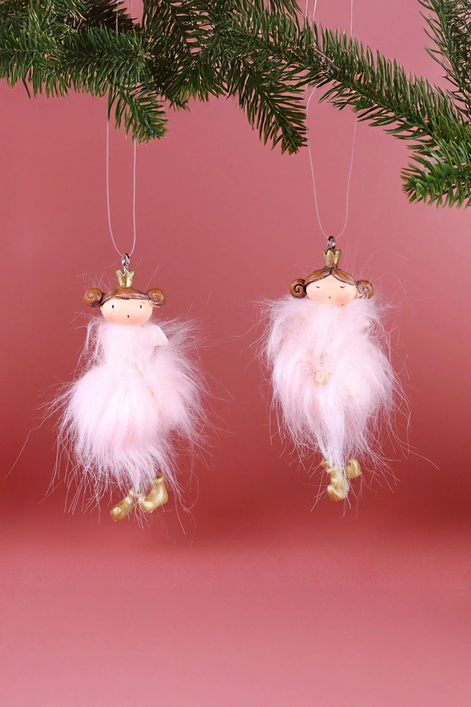 Pair of Pink Fluff Royal Princess Hand-Painted Christmas Tree Ornaments — G Decor