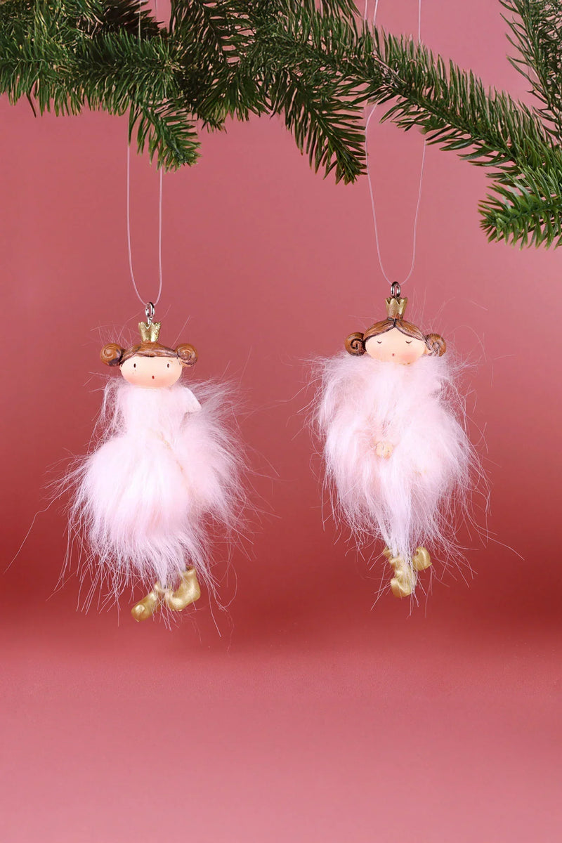 Pink Fluff Royal Princess Hand-Painted Christmas Ornaments — Pair