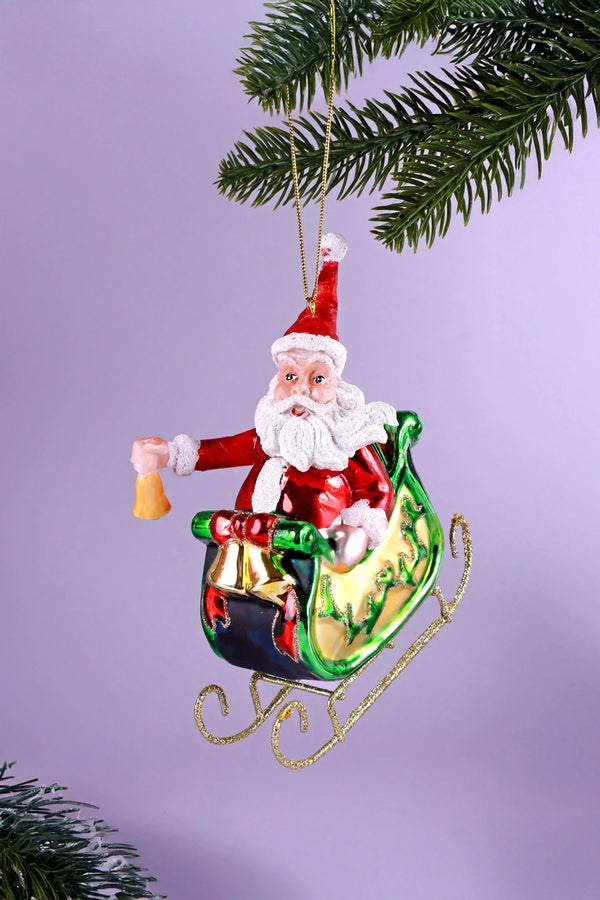 On the Way Santa in Sleigh Large Handcrafted Glass Christmas Bauble