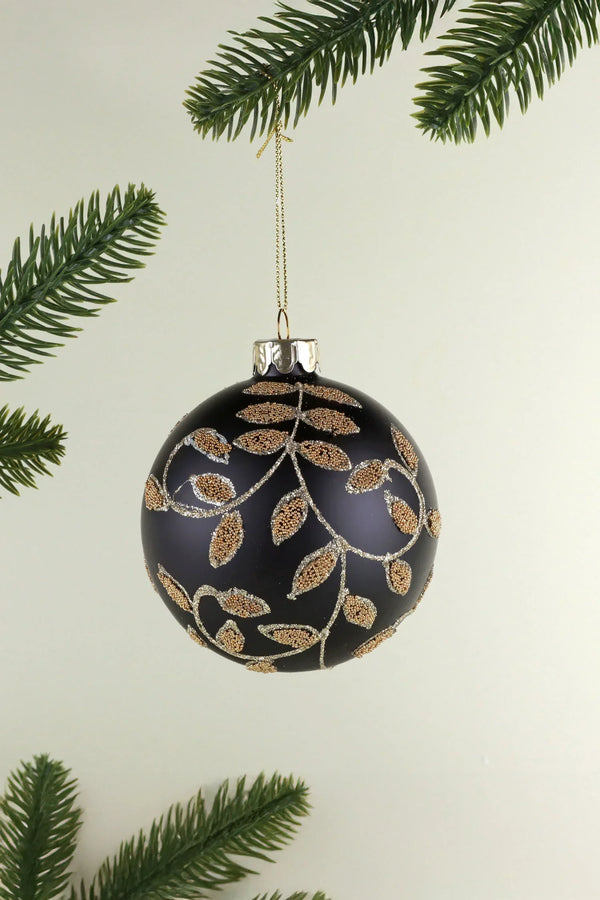Black and Gold Leaf Hand-Decorated Glass Christmas Bauble
