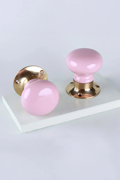 Brassworks Edit Pink Ceramic Mortice Door Knobs with Brass Base
