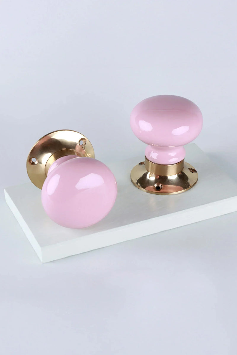 Brassworks Edit Pink Ceramic Mortice Door Knobs with Brass Base