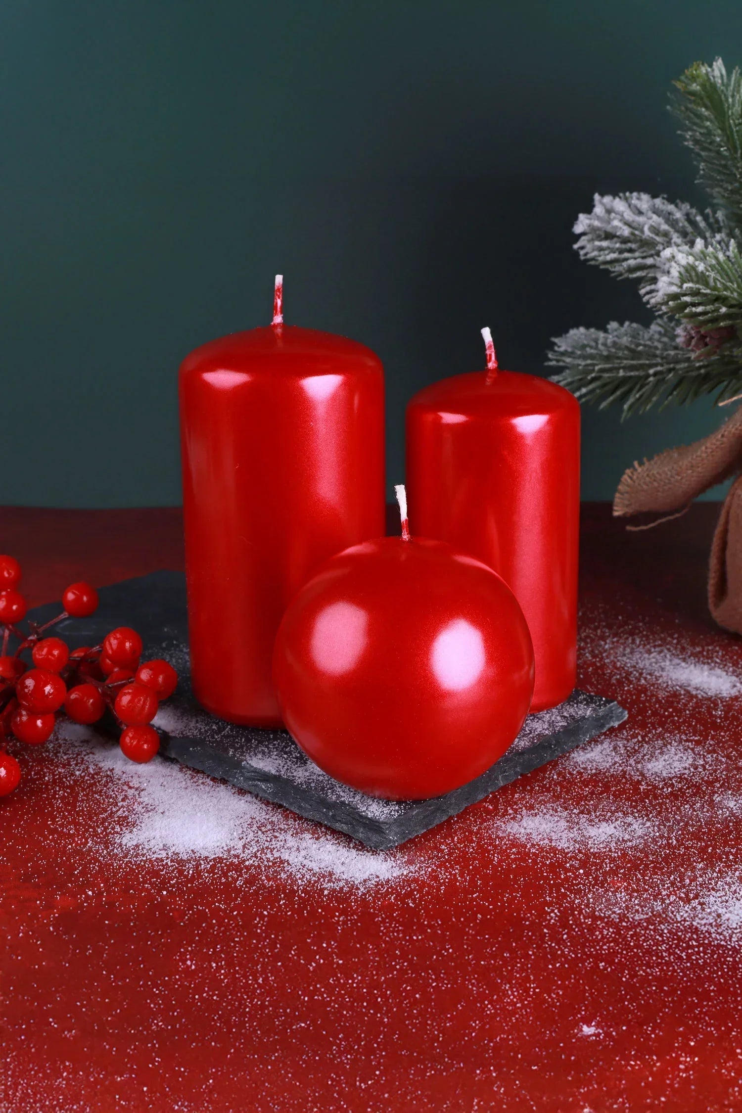 Grace Alouette Scarlet Red Lacquered Pillar and Ball Candles — close-up view, G Decor
