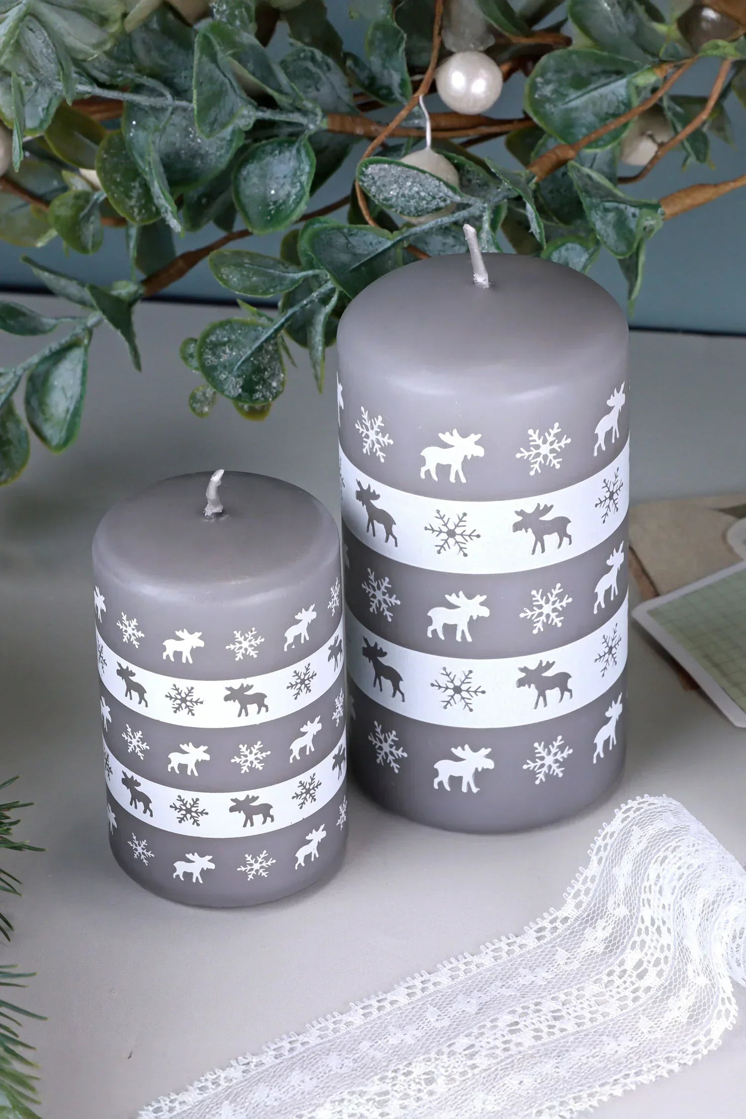 Nordhavn Grey Reindeer Pillar Candle — alternate view, G Decor