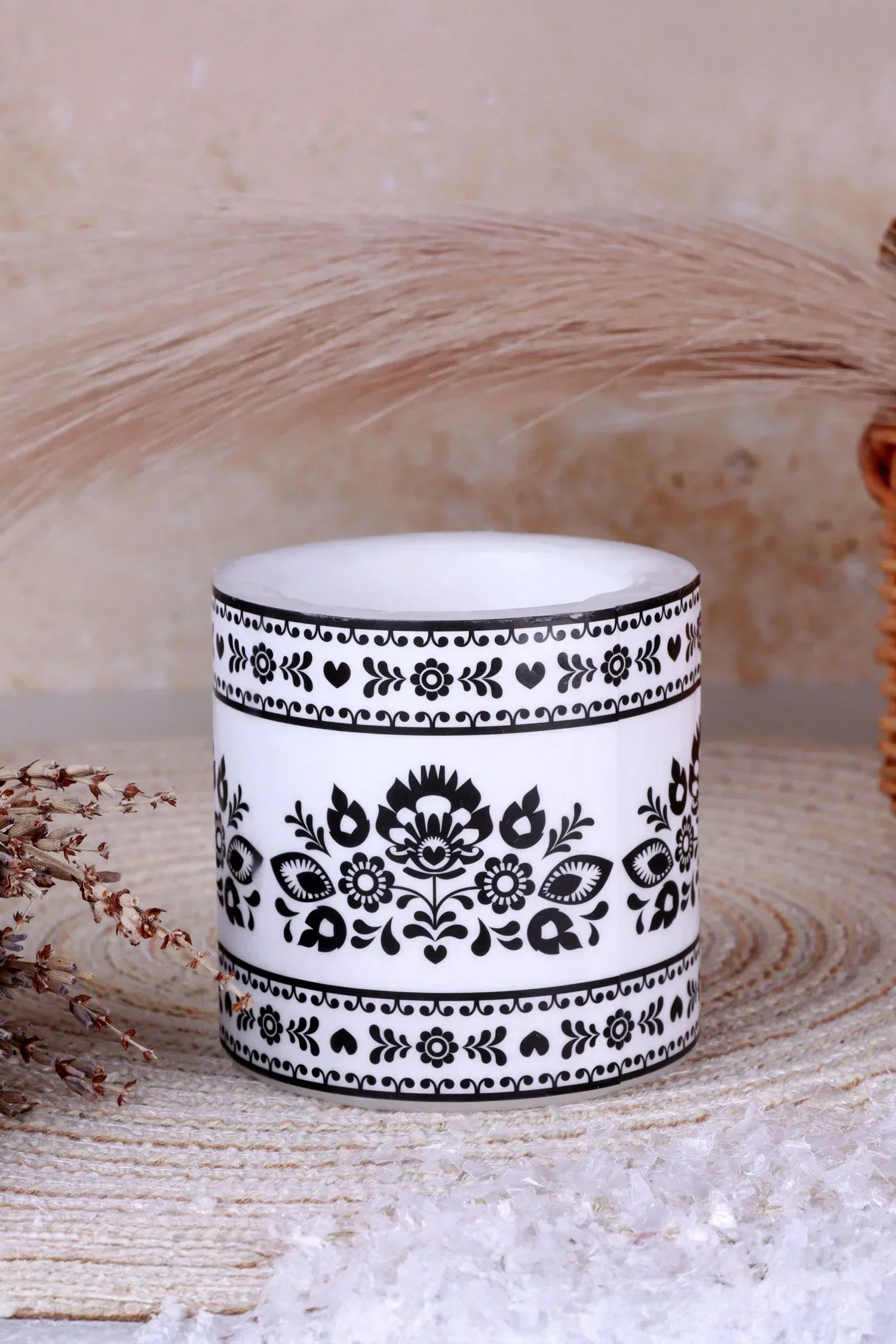 Folklight Floral Glow Wax Lantern Candle — close-up view, G Decor