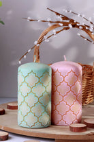 Moroccan Kanz Pressed Brass Lattice Pillar Candle in Blush Pink or Mint Green — alternate view, G Decor