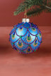 Hand-Painted Peacock Tail Glass Christmas Bauble in Emerald or Royal Blue — close-up view, G Decor