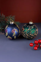 Hand-Painted Jewel Scrollwork Glass Christmas Bauble in Green or Deep Blue — alternate view, G Decor