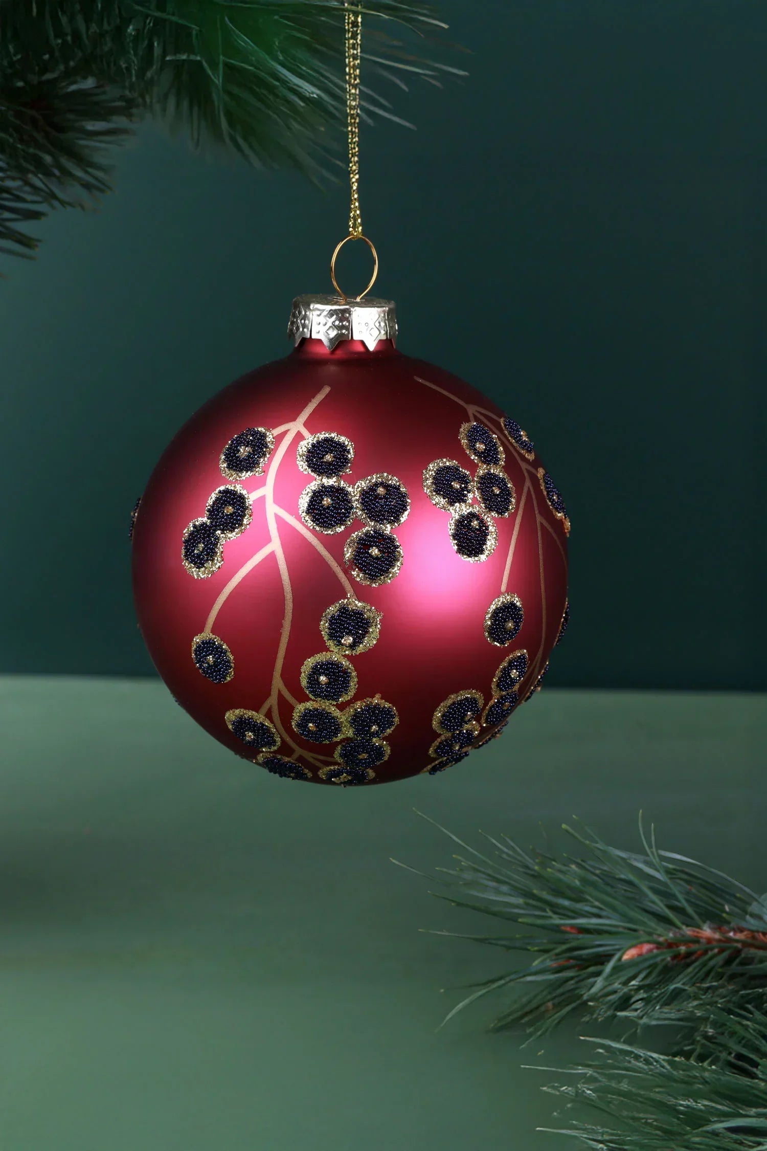 Hand-Painted Winter Berry or Golden Poinsettia Glass Christmas Bauble — close-up view, G Decor