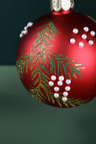 Hand-Painted Pine Branch and Pearl Berry Red Glass Christmas Bauble — alternate view, G Decor