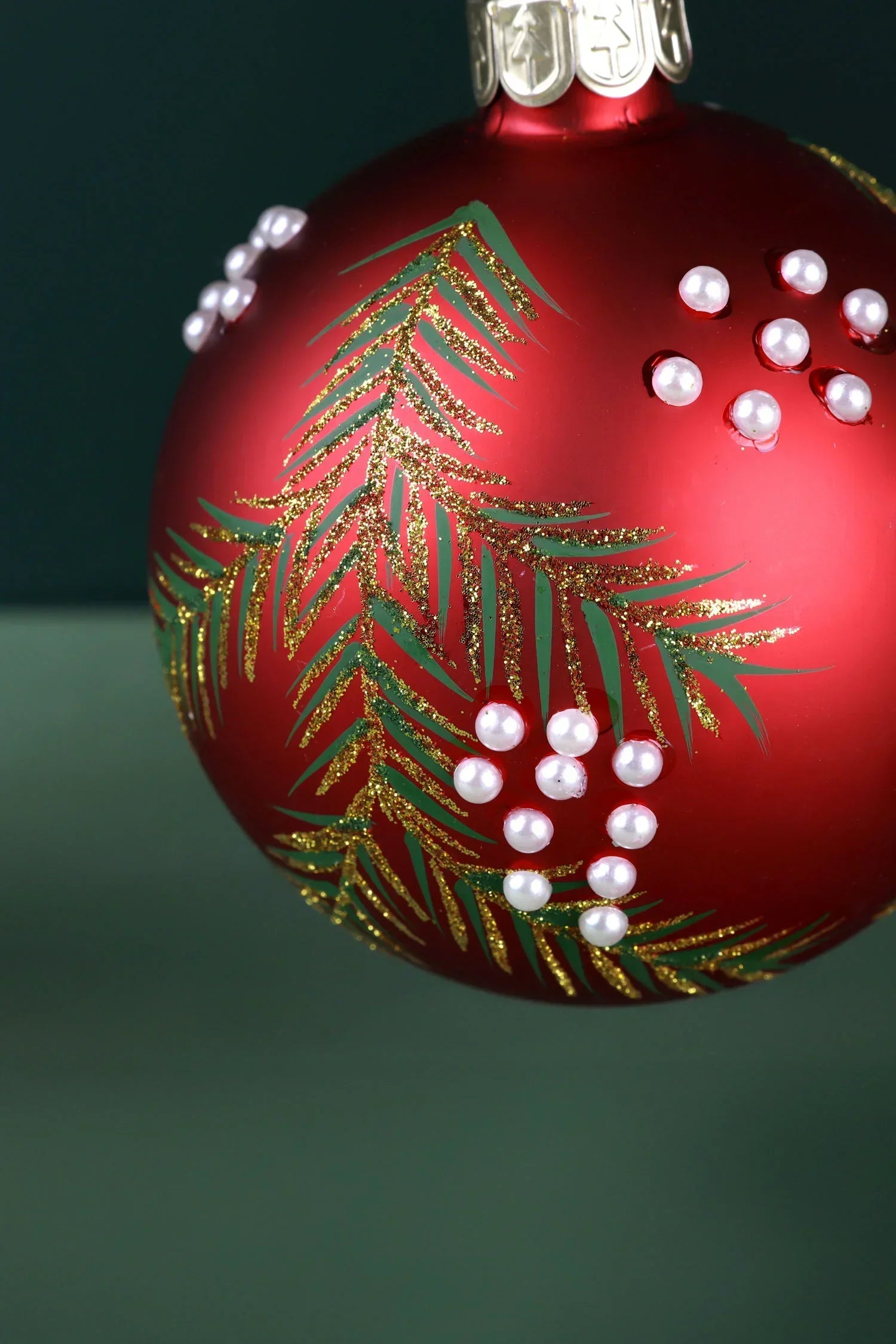 Hand-Painted Pine Branch and Pearl Berry Red Glass Christmas Bauble — alternate view, G Decor