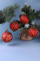 Set of 4 Hand-Painted Satin Red Glass Christmas Baubles with Gold Detail — close-up view, G Decor