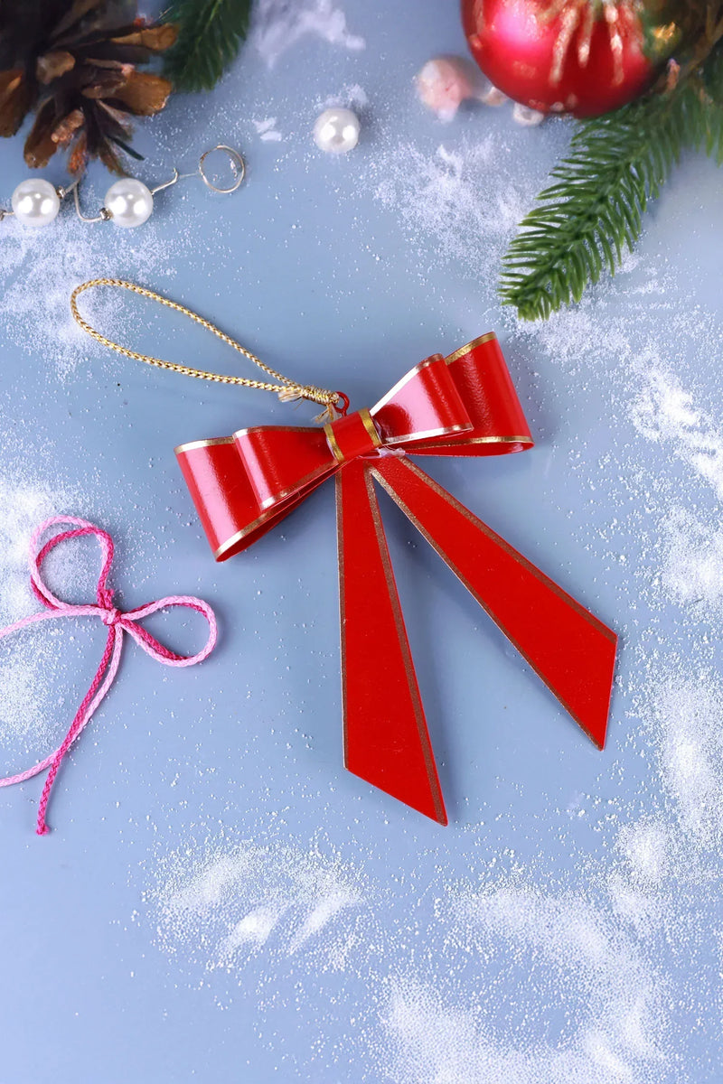 Red Christmas Bow Hanging Decoration with Gold Trim
