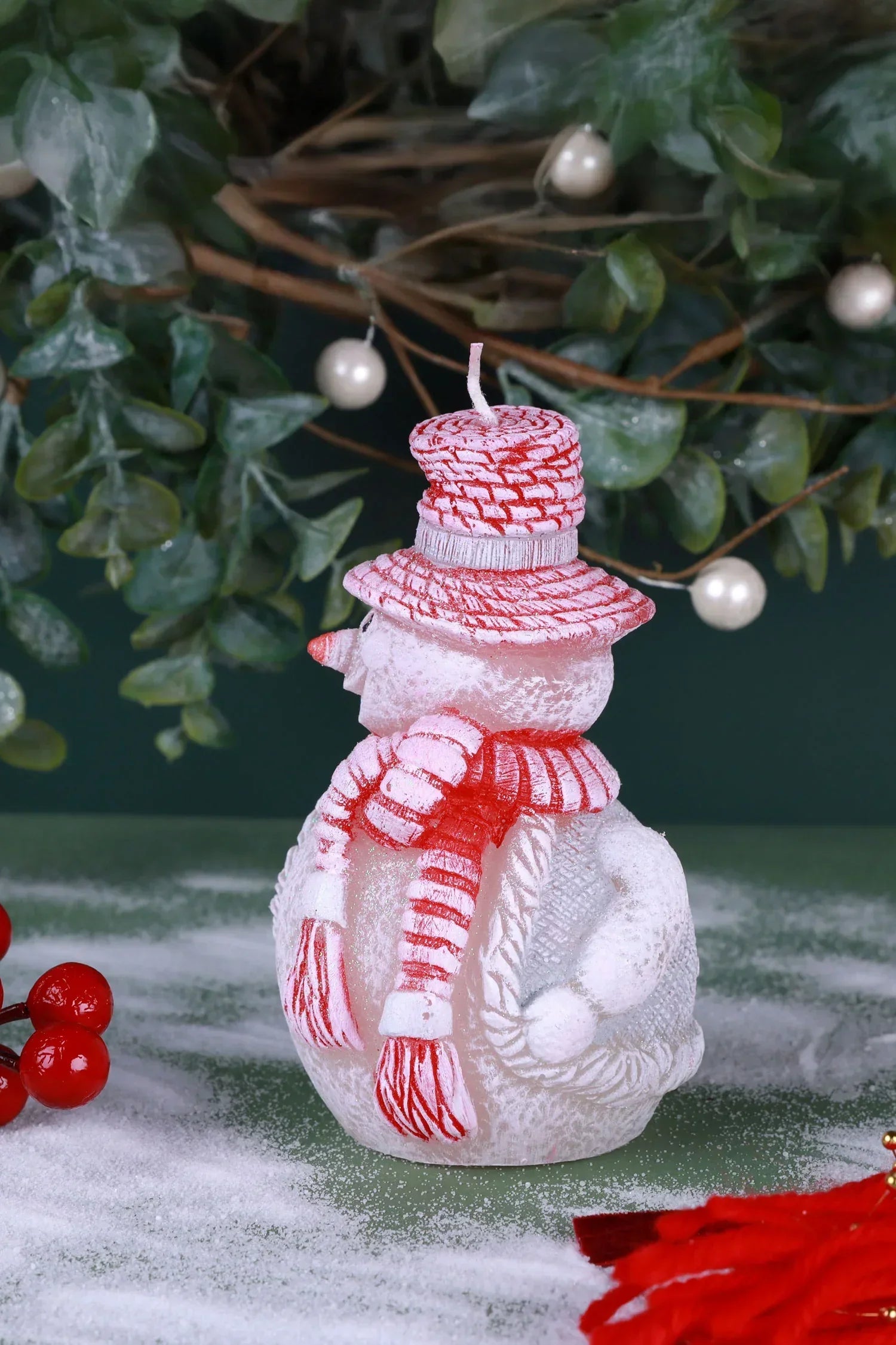 Happy Snowman Christmas Candle with Red Hat and Scarf — close-up view, G Decor