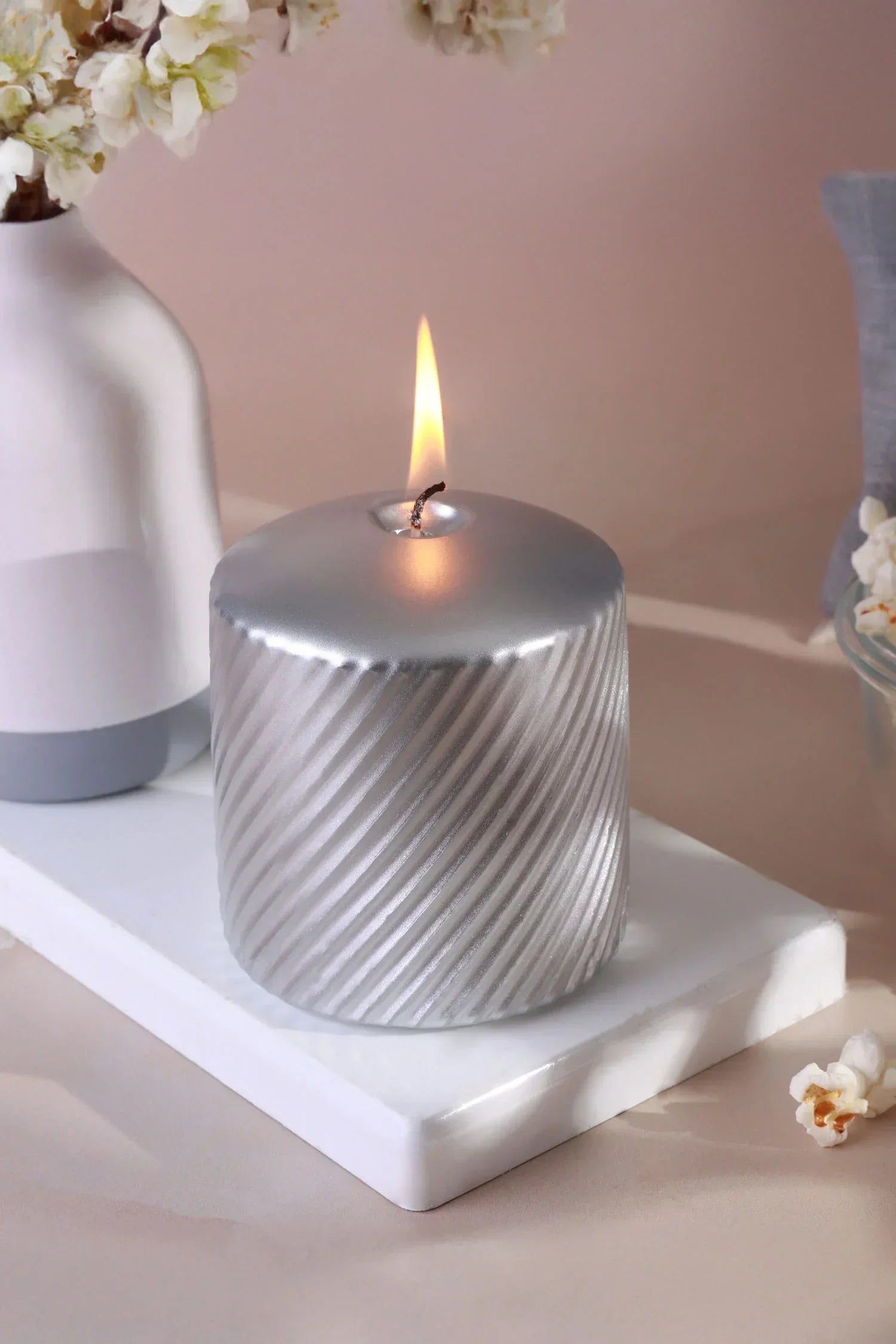 Opulent Silver Swirl Pillar Candle — close-up view, G Decor