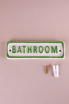 Rustic Ceramic Bathroom Door Plaque with Green Cottage Border — lifestyle view, G Decor
