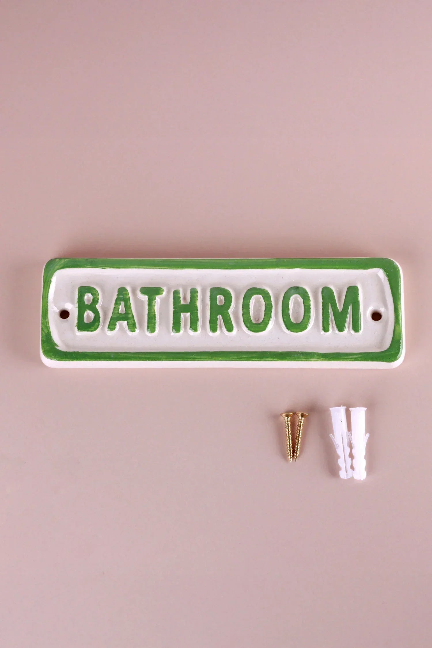 Rustic Ceramic Bathroom Door Plaque with Green Cottage Border — lifestyle view, G Decor