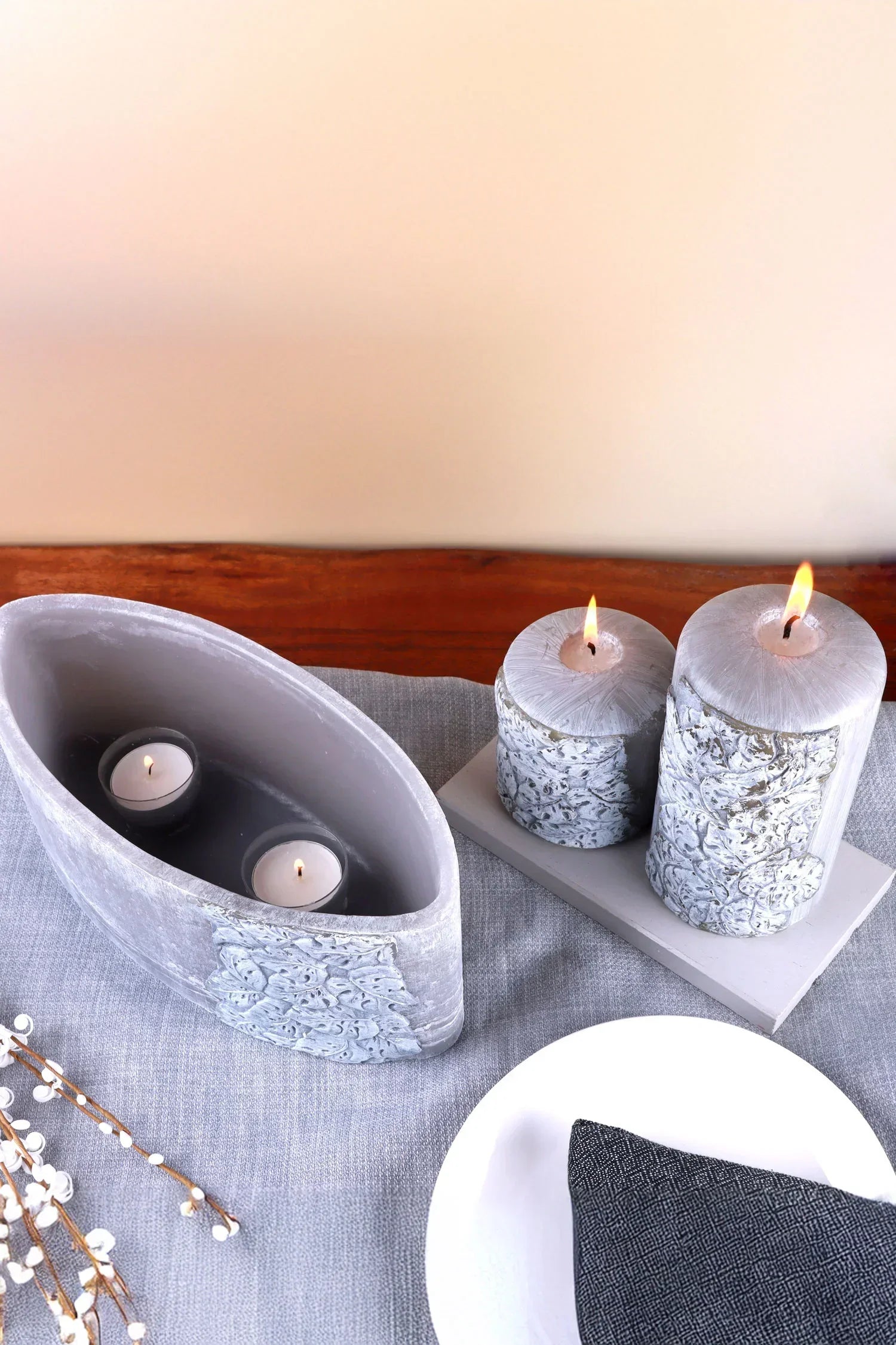 Cavella Carved Leaf Hand-Finished Grey Pillar Candle Centrepiece — close-up view, G Decor