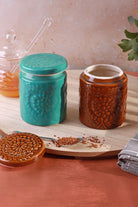 Embossed Bloom Handmade Ceramic Storage Jars with Floral Lids — alternate view, G Decor