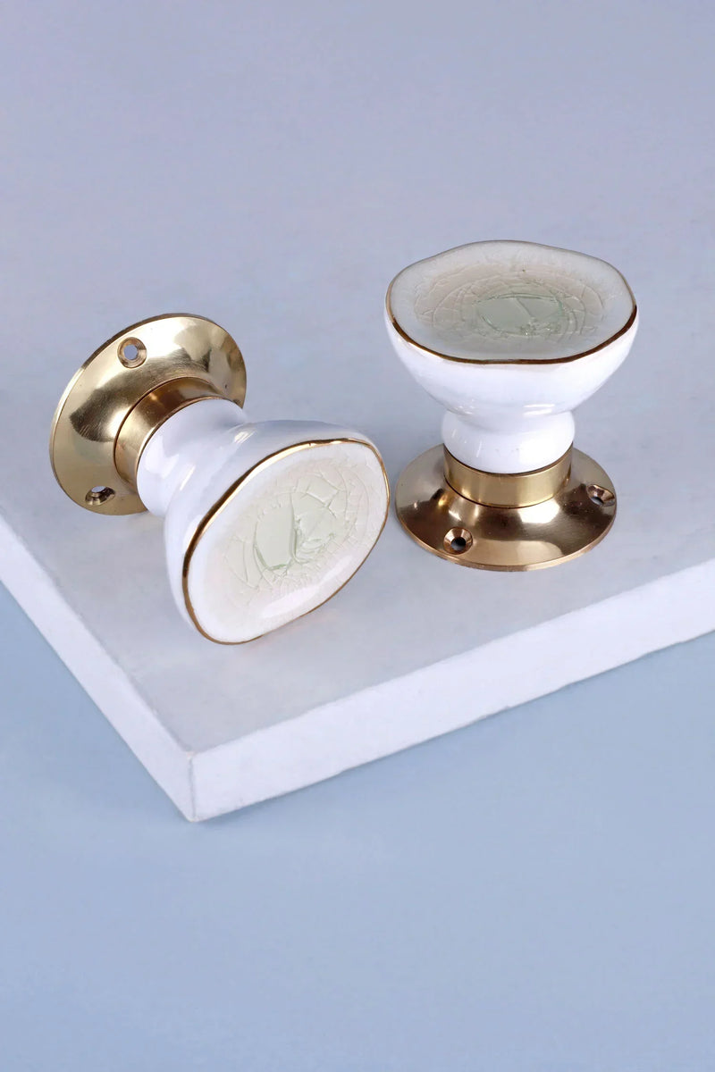 Rhodes Cream Crackle Glaze Ceramic Mortice Door Knobs with Brass Base