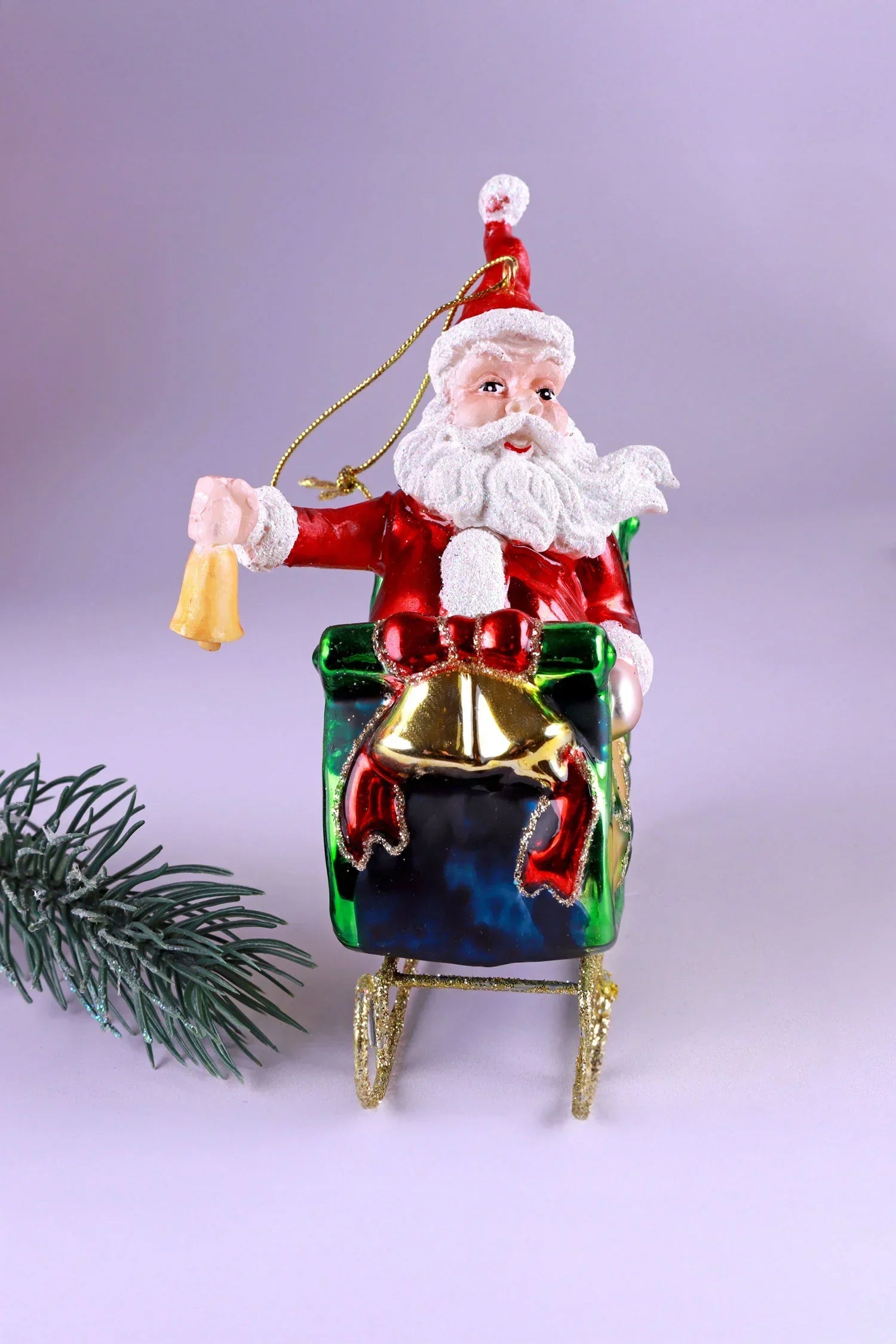 On the Way Santa in Sleigh Large Handcrafted Glass Christmas Bauble — close-up view, G Decor
