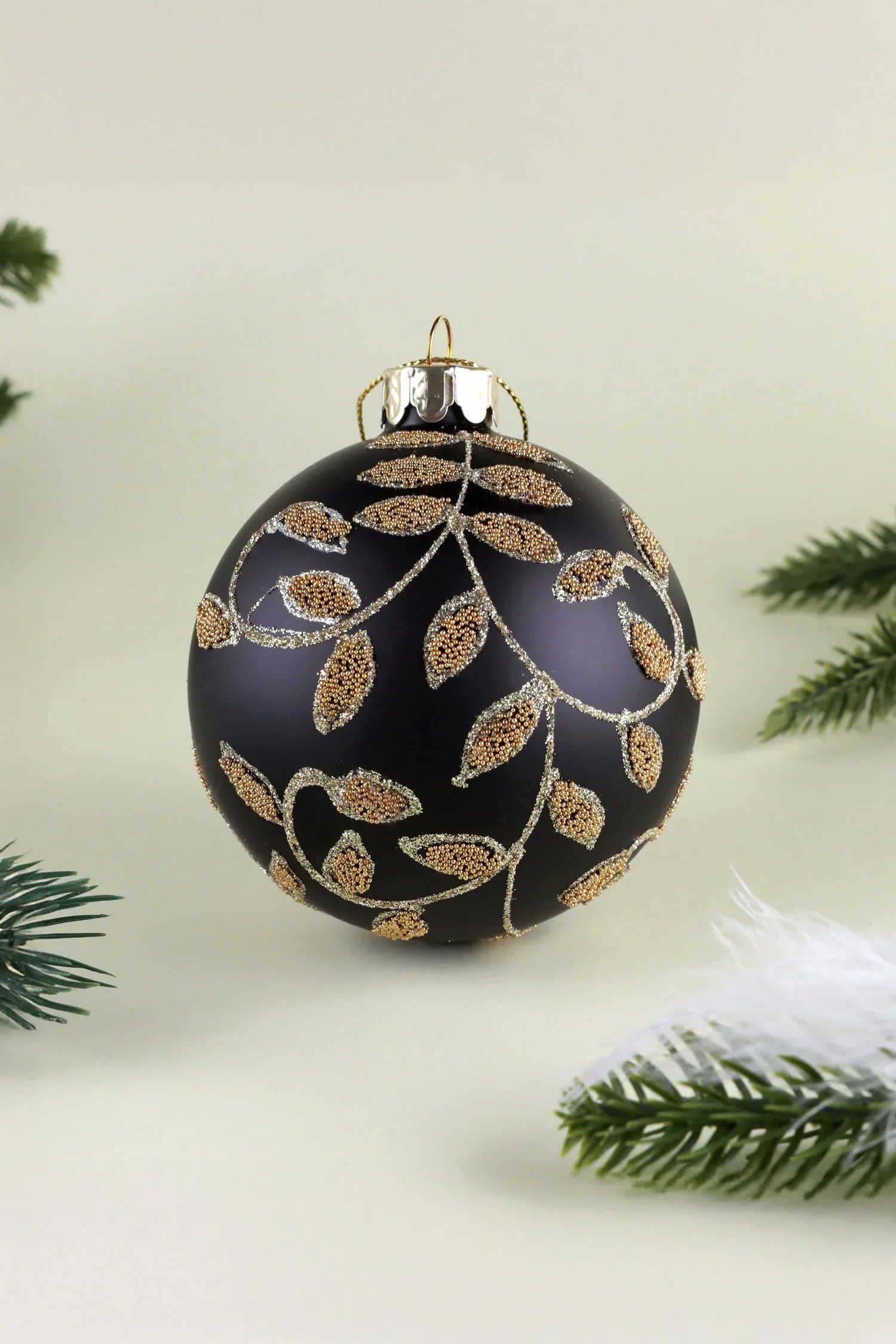 Black and Gold Leaf Hand-Decorated Glass Christmas Bauble — alternate view, G Decor