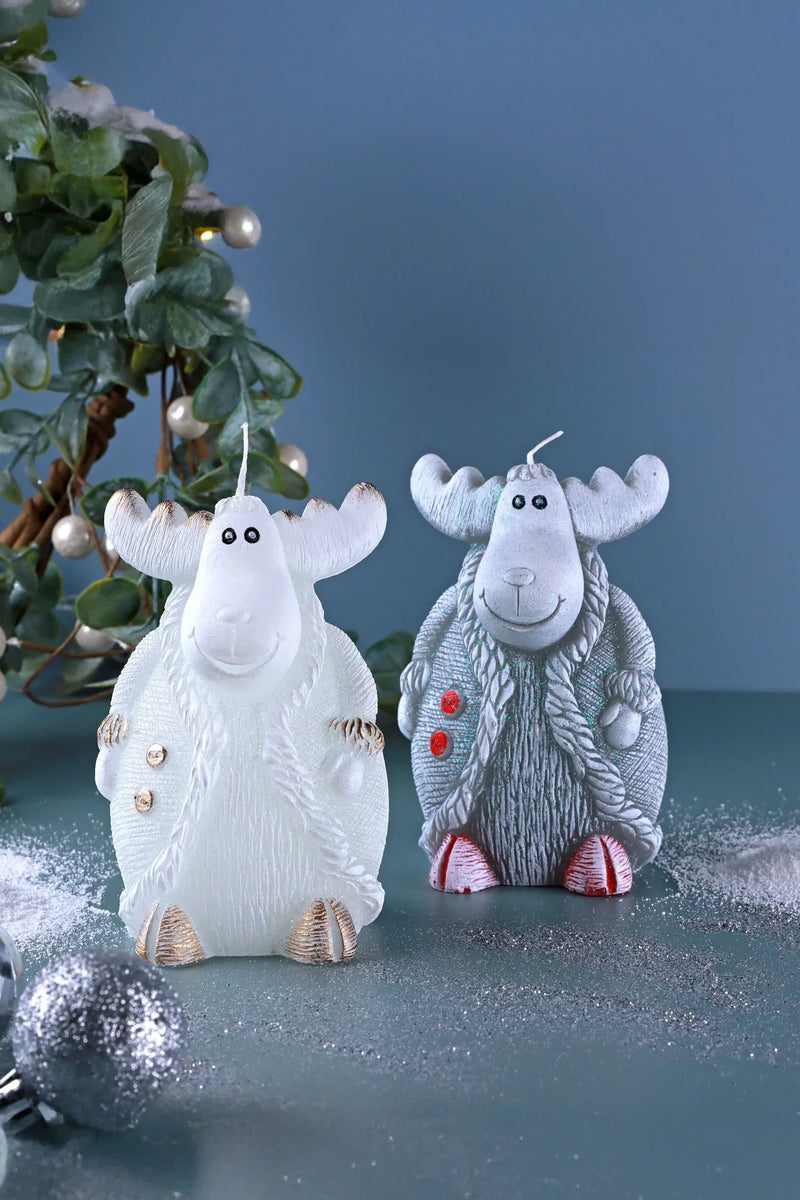 Frosted Reindeer Hand-Finished Wax Candle Figures in White or Grey