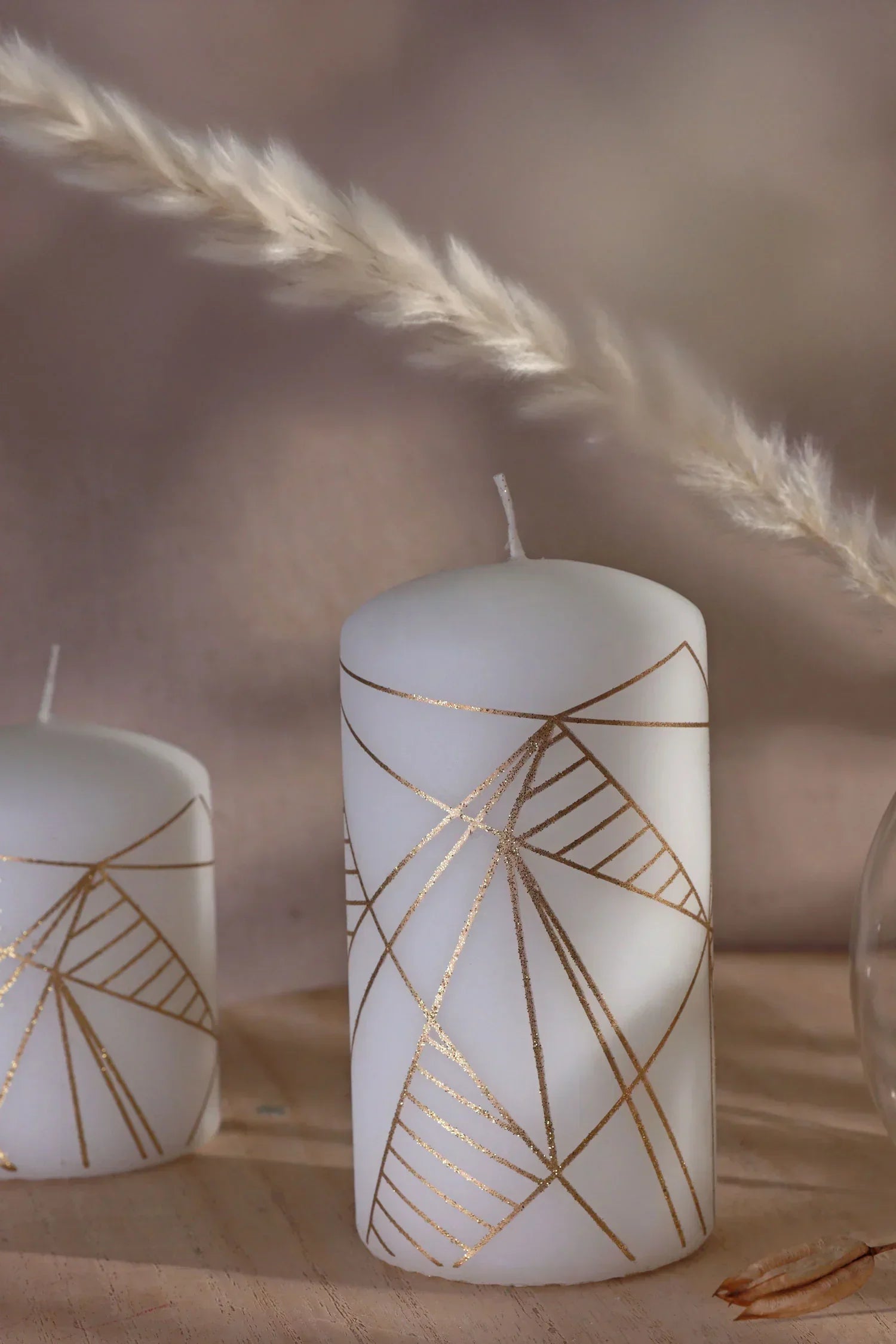Modern White Pillar Candle with Gold Line Detail — lifestyle view, G Decor