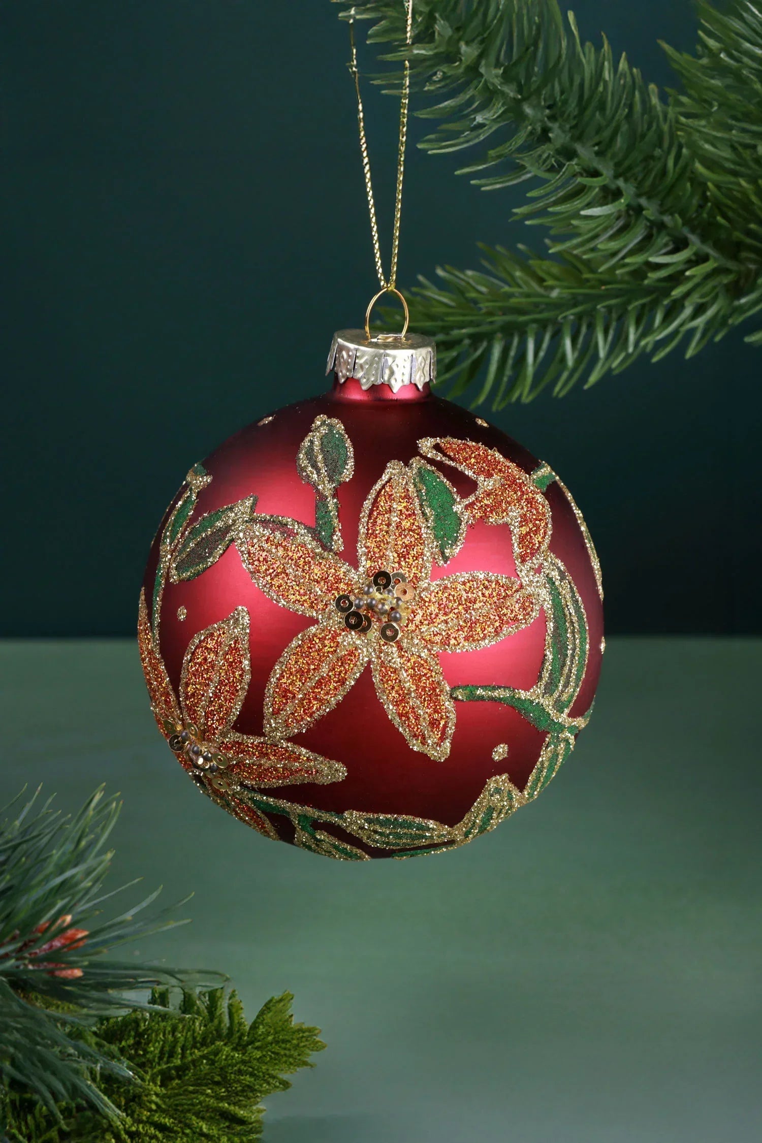 Hand-Painted Winter Berry or Golden Poinsettia Glass Christmas Bauble — lifestyle view, G Decor
