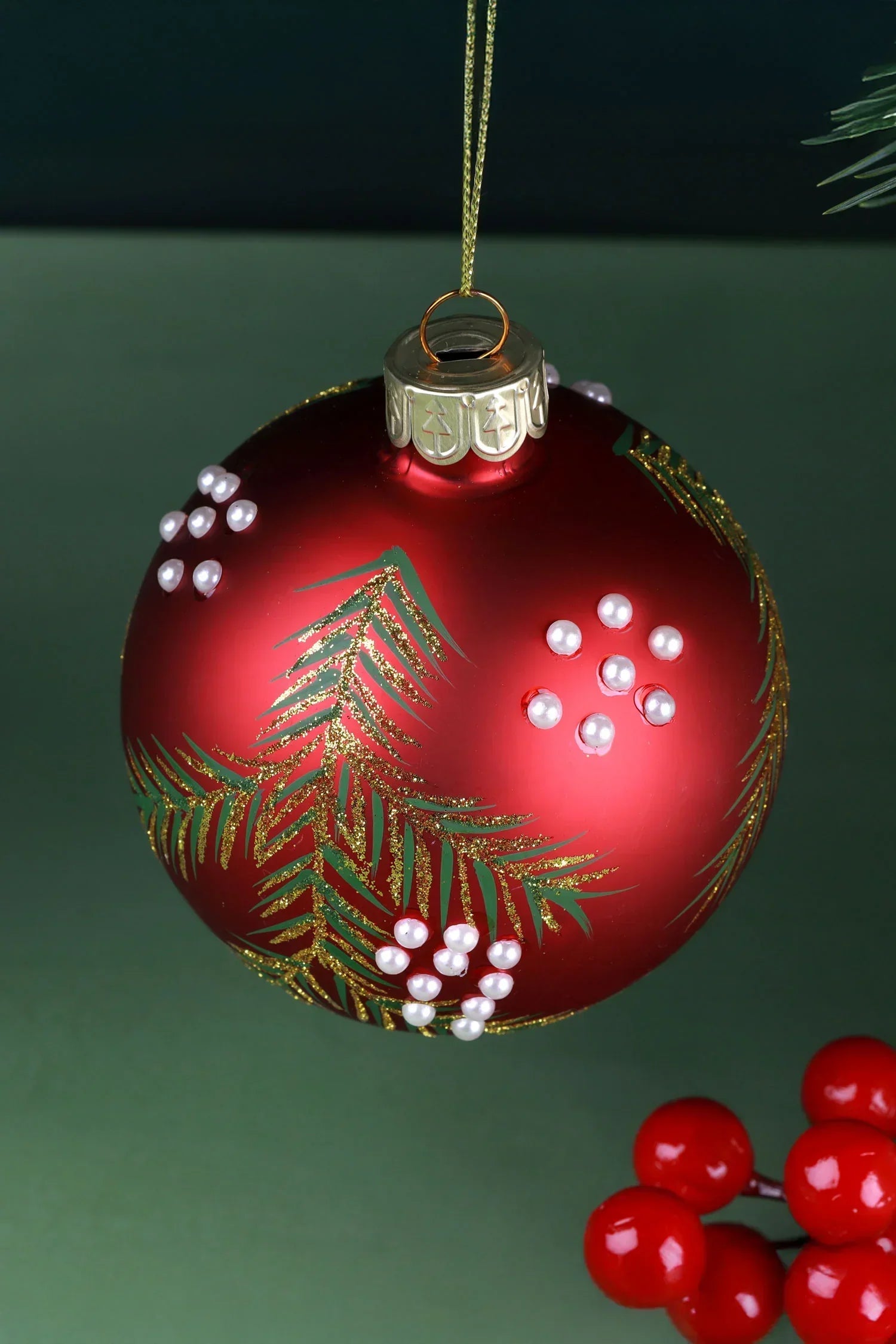 Hand-Painted Pine Branch and Pearl Berry Red Glass Christmas Bauble — close-up view, G Decor