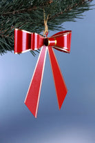 Red Christmas Bow Hanging Decoration with Gold Trim — close-up view, G Decor