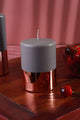 Luxury grey and copper pillar candle on wooden tray with cherries, G Decor home décor